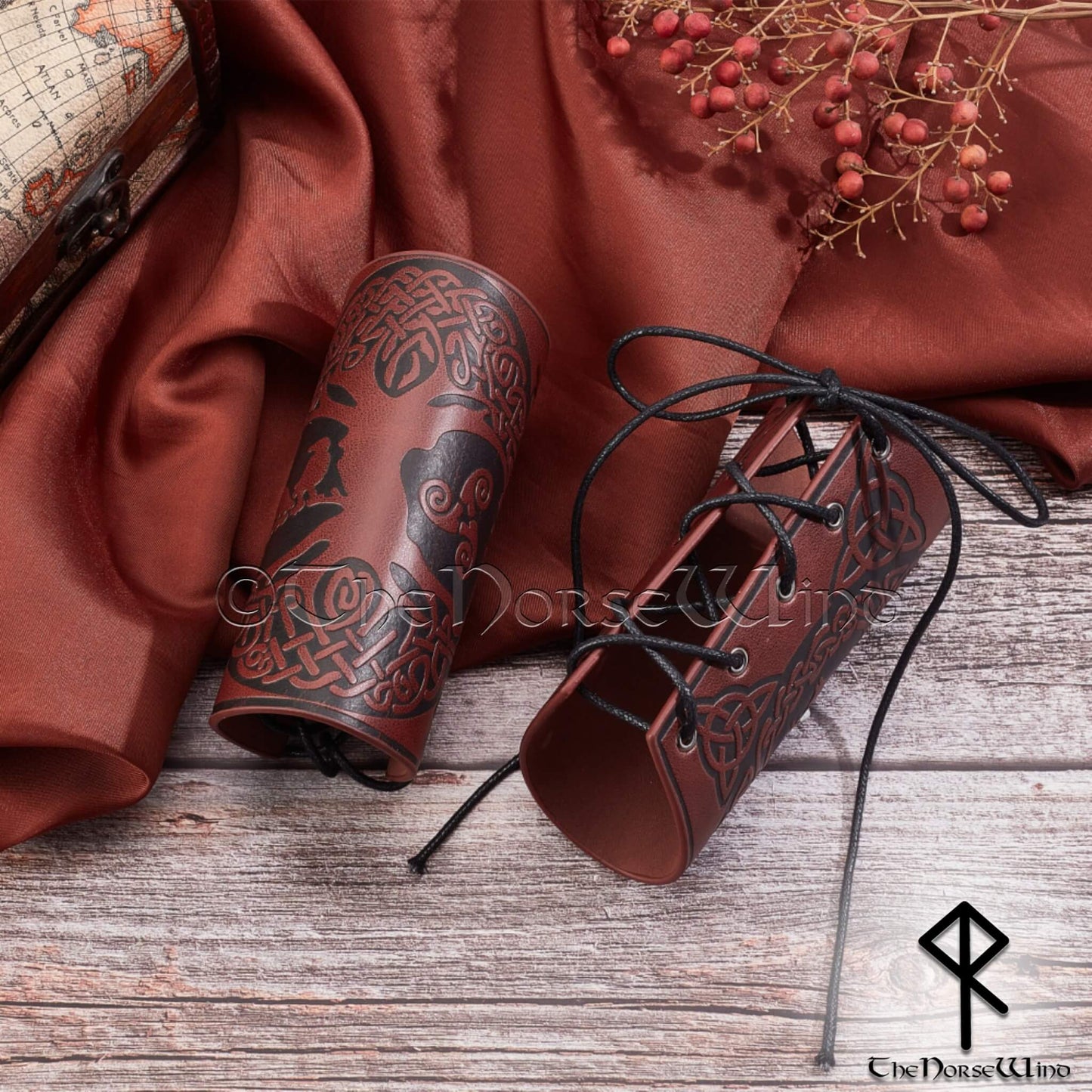Yggdrasil Viking Leather Bracers, Mediaeval Celtic Arm Guards - The Norse Wind