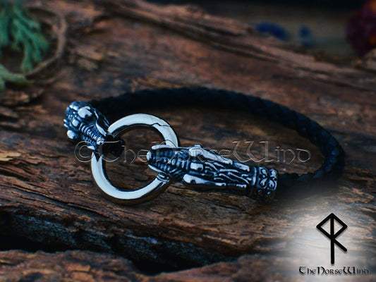 Viking Bracelet, Norse Dragon Leather Wristband - TheNorseWind