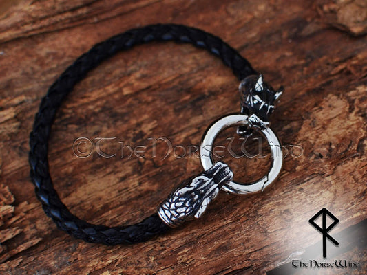 Viking Wolf Bracelet, Fenrir Wolf Heads Leather Wristband - The Norse Wind
