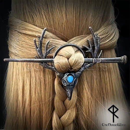 Viking Deer Hairpin - Eikthyrnir Norse Stag Skull Hair Clip with Moonstone