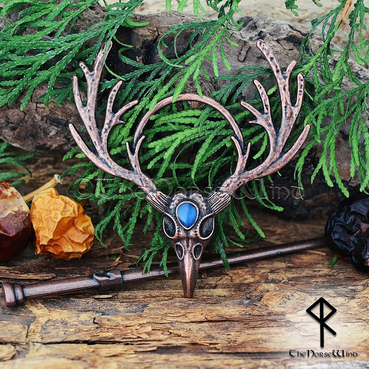 Viking Deer Hairpin - Eikthyrnir Norse Stag Skull Hair Clip with Moonstone