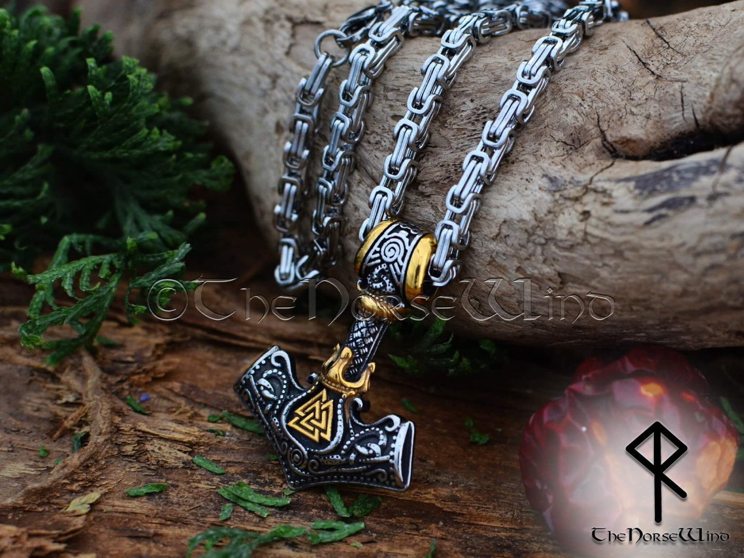 Viking Mjolnir Pendant, Thor Hammer Necklace with Valknut and Tiwaz in Silver or Gold