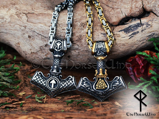 Viking Mjolnir Pendant, Thor Hammer Necklace with Valknut and Tiwaz in Silver or Gold - The Norse Wind
