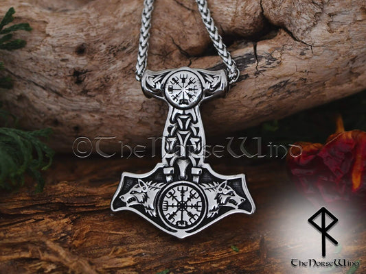 Thor's Hammer Necklace Geri & Freki Viking Wolf Mjolnir Pendant - The Norse Wind