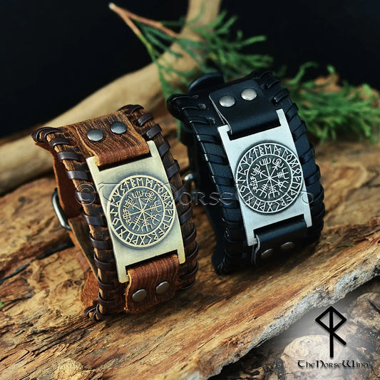 Viking Vegvisir Leather Bracelet - Handcrafted Wide Wristband with Elder Futhark Runes