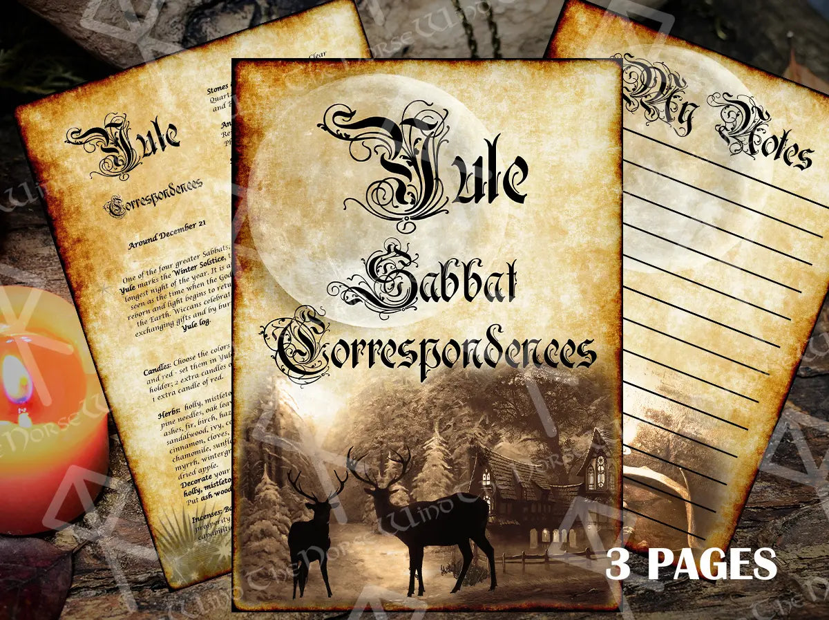 Yule Sabbat Correspondences - Winter Solstice Printable Grimoire, 3 PDF Pages