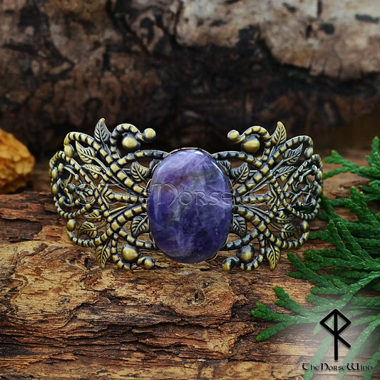 Viking bronze cuff bracelet for women with amethyst stone and Celtic filigree detailing