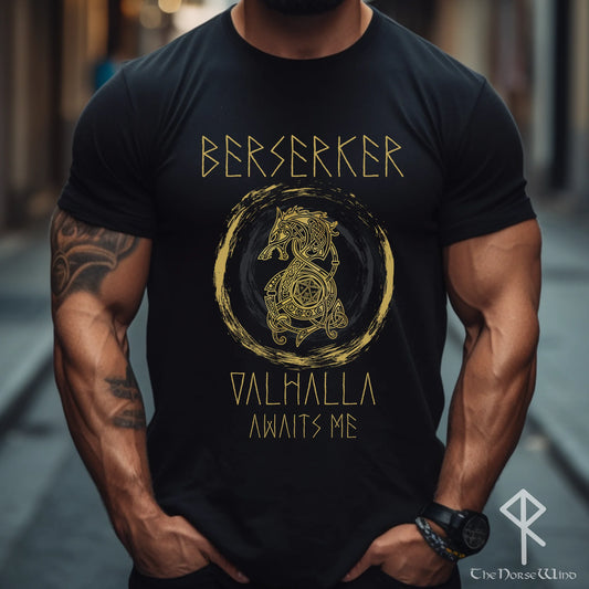 Berserker Viking T-Shirt - Valhalla Awaits Me - Celtic Knotwork Design - TheNorseWind