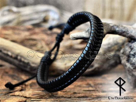 Gothic Viking Braided Leather Bracelet - Adjustable Black Cuff - The Norse Wind