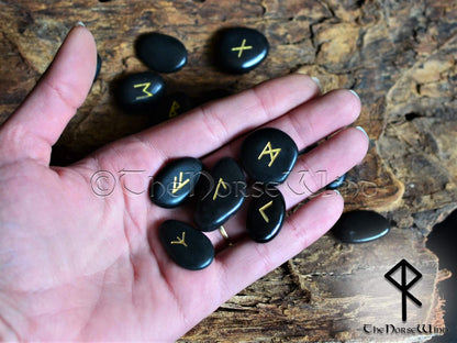 Black Obsidian Viking Runes Stones Set Elder Futhark