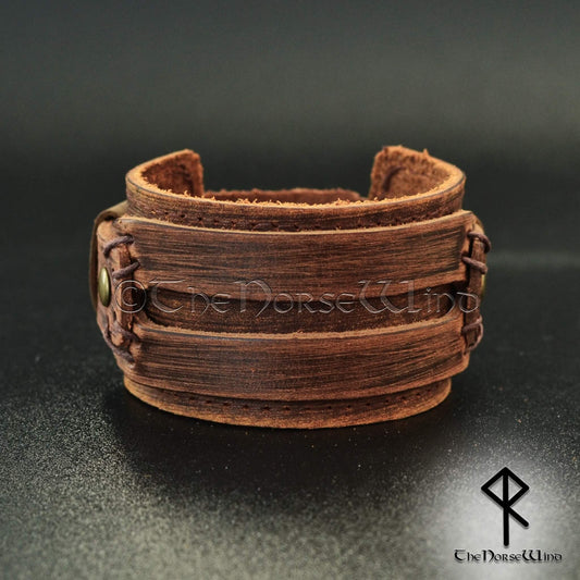 Viking Leather Bracelet Wide Wristband in Black or Brown - The Norse Wind