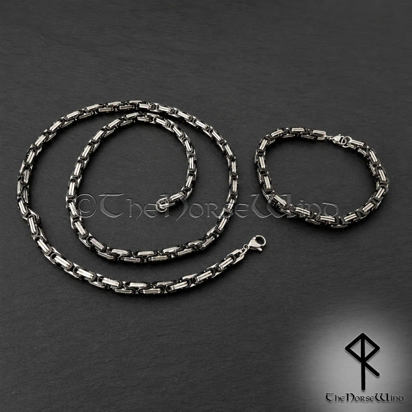 Byzantine Chain Necklace & Bracelet SET – Silver & Black Srtainless Steel