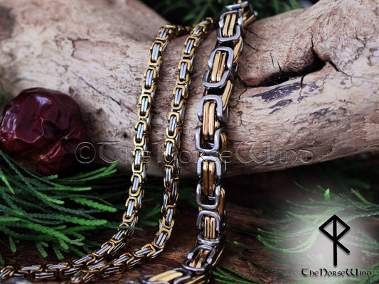 Byzantine Chain Viking Necklace Silver & Gold, 316L Stainless Steel - 4mm/8mm - The Norse Wind