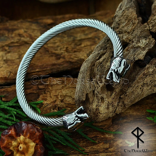 Detailed wolf head on Fenrir Viking bracelet with Norse-style metalwork