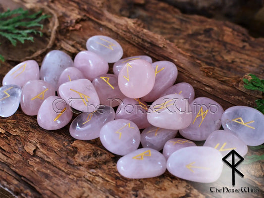 Rose Quartz Runes Set - Viking Futhark Rune Stones for Divination & Love - The Norse Wind