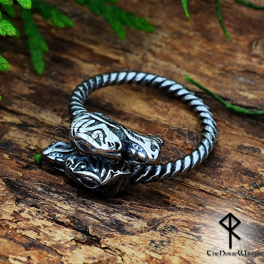 Geri and Freki Viking Wolf Heads Ring Stainless Steel Norse Jewelry for Men