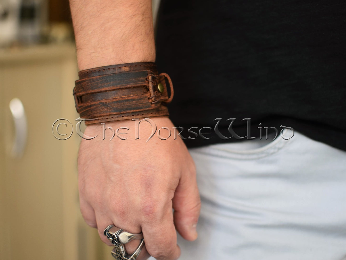 Viking Leather Bracelet Wide Wristband in Black or Brown