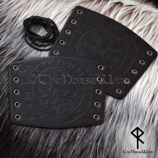 Thor's Hammer Leather Bracers, Viking Geri and Freki Wolves Vambrace - The Norse Wind
