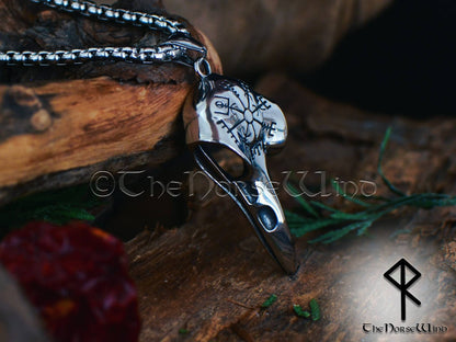 Viking Raven Skull Necklace with Vegvisir Symbol - Stainless Steel