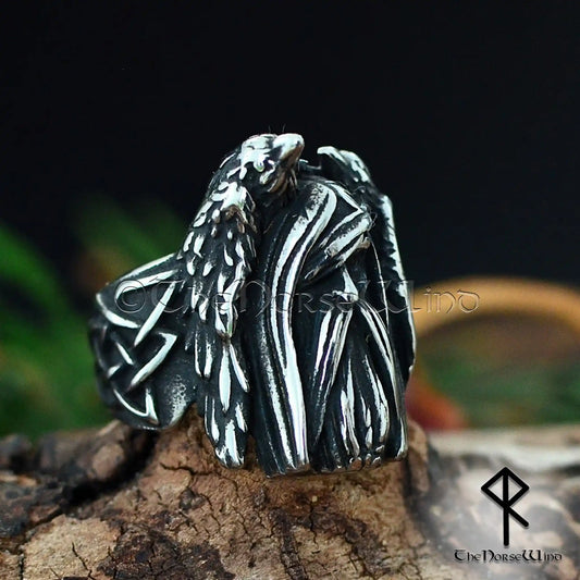 Odin and Ravens Viking Ring - Handcrafted Stainless Steel Norse Jewelry