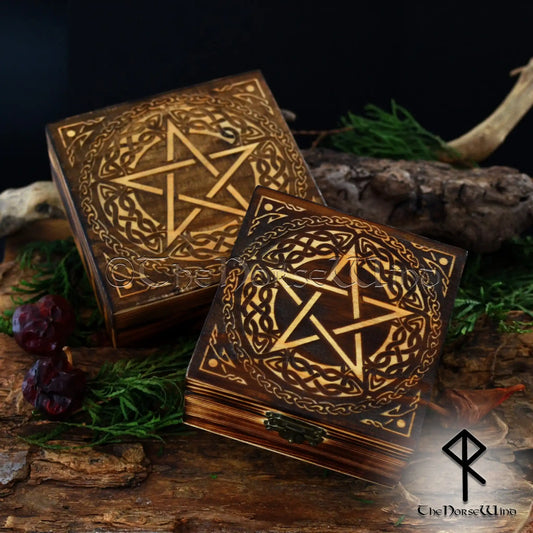 Pentagram Wooden Box - Carved Wiccan Chest