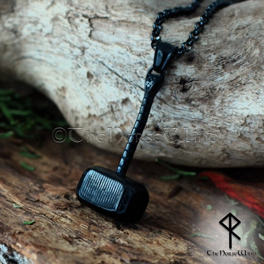 Black Thor's Hammer Necklace - Viking Mjolnir Stainless Steel Pendant - The Norse Wind