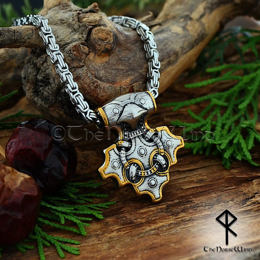 Thor's Hammer Viking Raven Necklace, Mjolnir Pendant in Silver & Gold