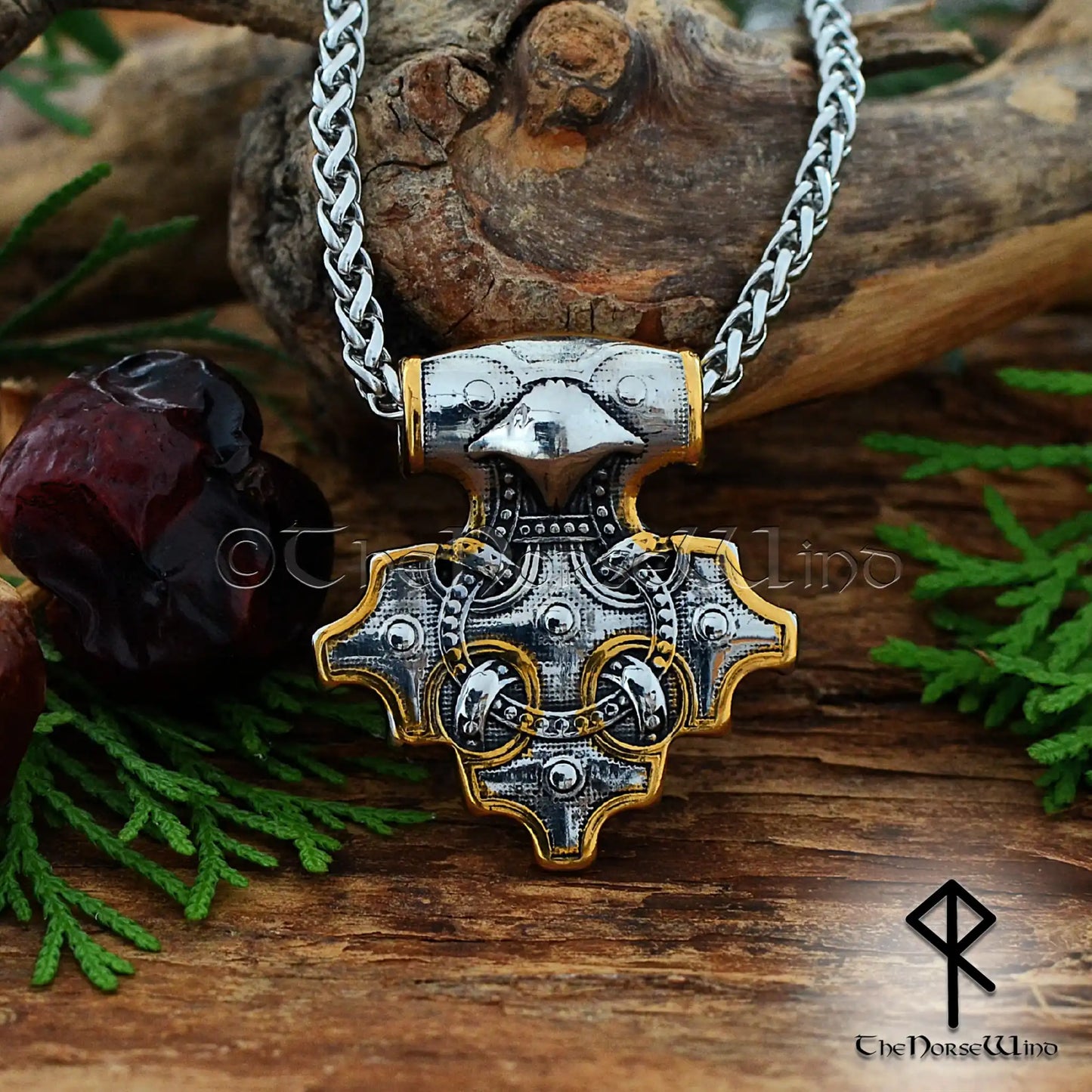 Thor's Hammer Viking Raven Necklace, Mjolnir Pendant in Silver & Gold