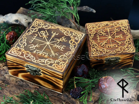 Viking Compass Vegvisir Box, Carved Wooden Chest - The Norse Wind