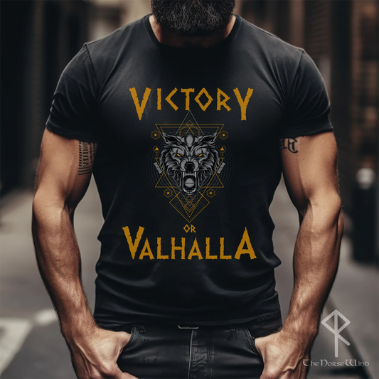 Victory or Valhalla Viking T-Shirt, Fenrir Wolf Norse Mythology Unisex Tee Shirt - The Norse Wind