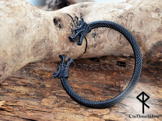 Viking Bracelet Dragon Head Torc, Black Steel Arm Ring - The Norse Wind