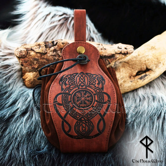 Celtic Dragon & Vegvisir Viking Leather Belt Pouch Bag - The Norse Wind