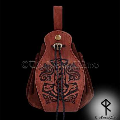 Fenrir Wolf & Mjolnir Viking Leather Belt Pouch Bag
