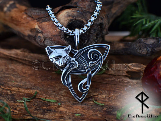Freya's Cat Viking Necklace, Celtic Triquetra Pendant - Stainless Steel - The Norse Wind