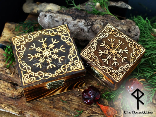 Viking Runes Box Aegishjalmur / Helm of Awe - Carved Wooden Norse Chest