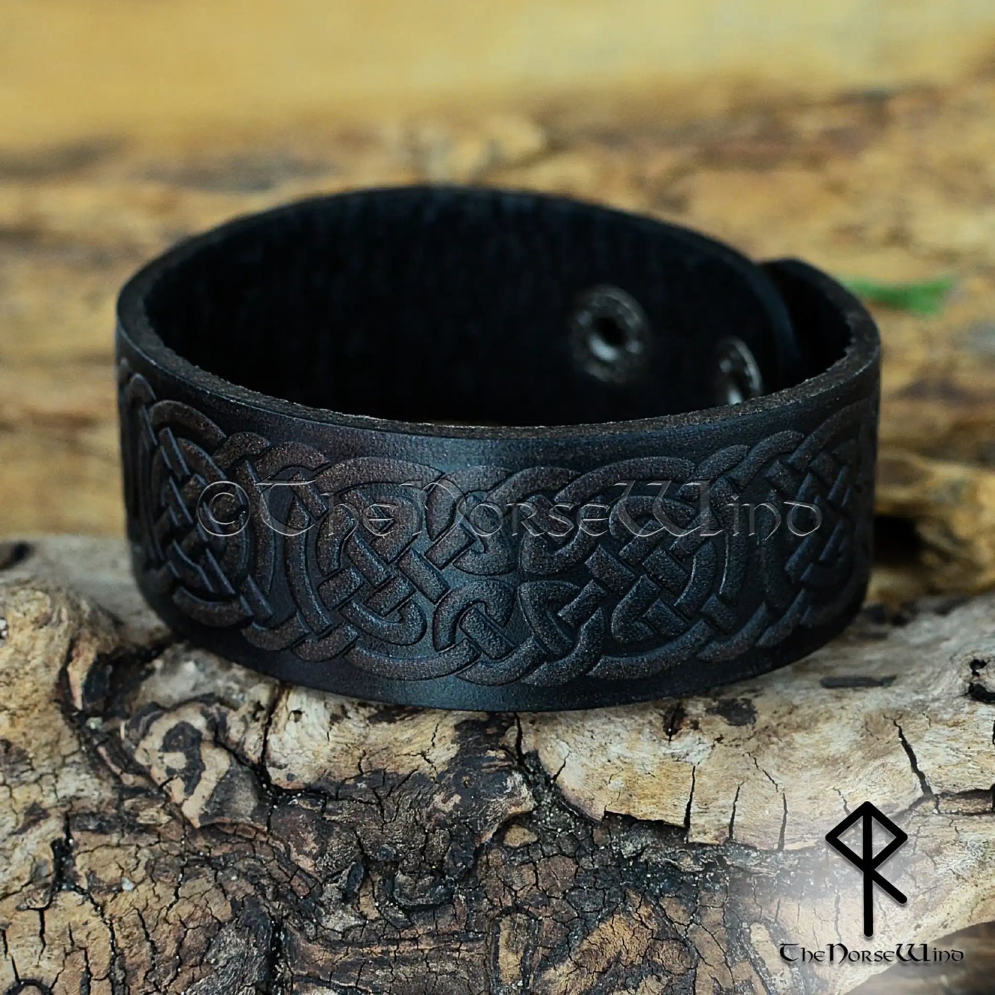 Viking Leather Bracelet with Celtic Knotwork – Adjustable Norse Cuff