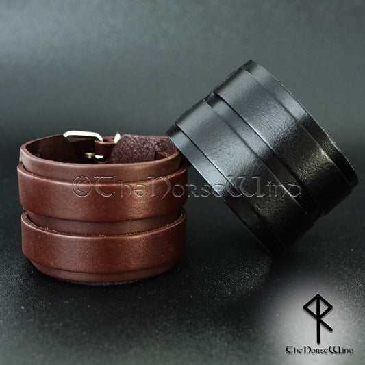 Viking Leather Cuff Bracelet Wide Wristband in Black/Brown - The Norse Wind