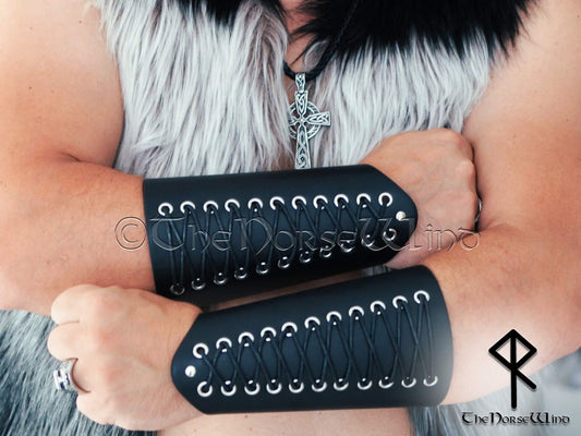 Viking Leather Bracers, Black Vambraces Medieval Arm Guards - The Norse Wind