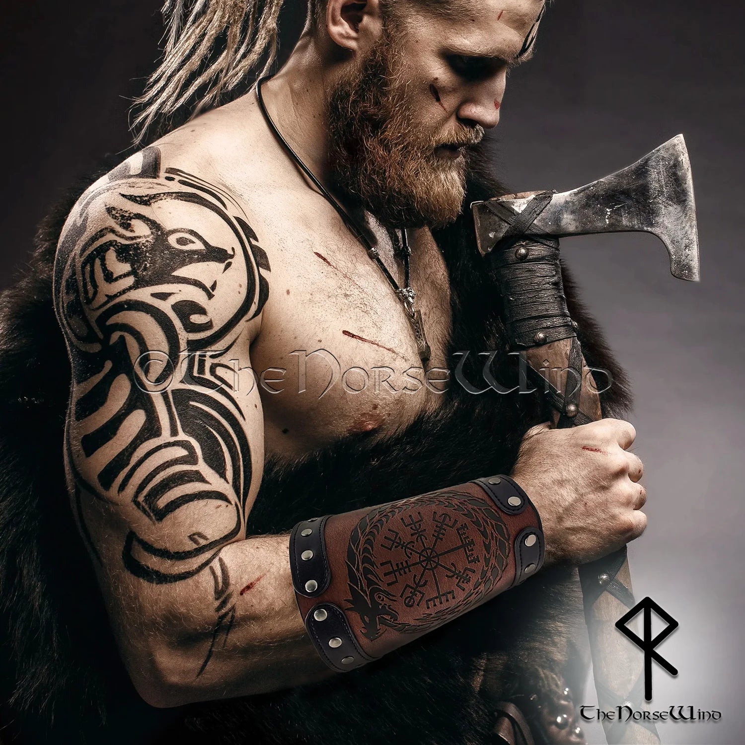 Viking Vegvisir Embossed Leather Arm Armor Larp Costume Studs