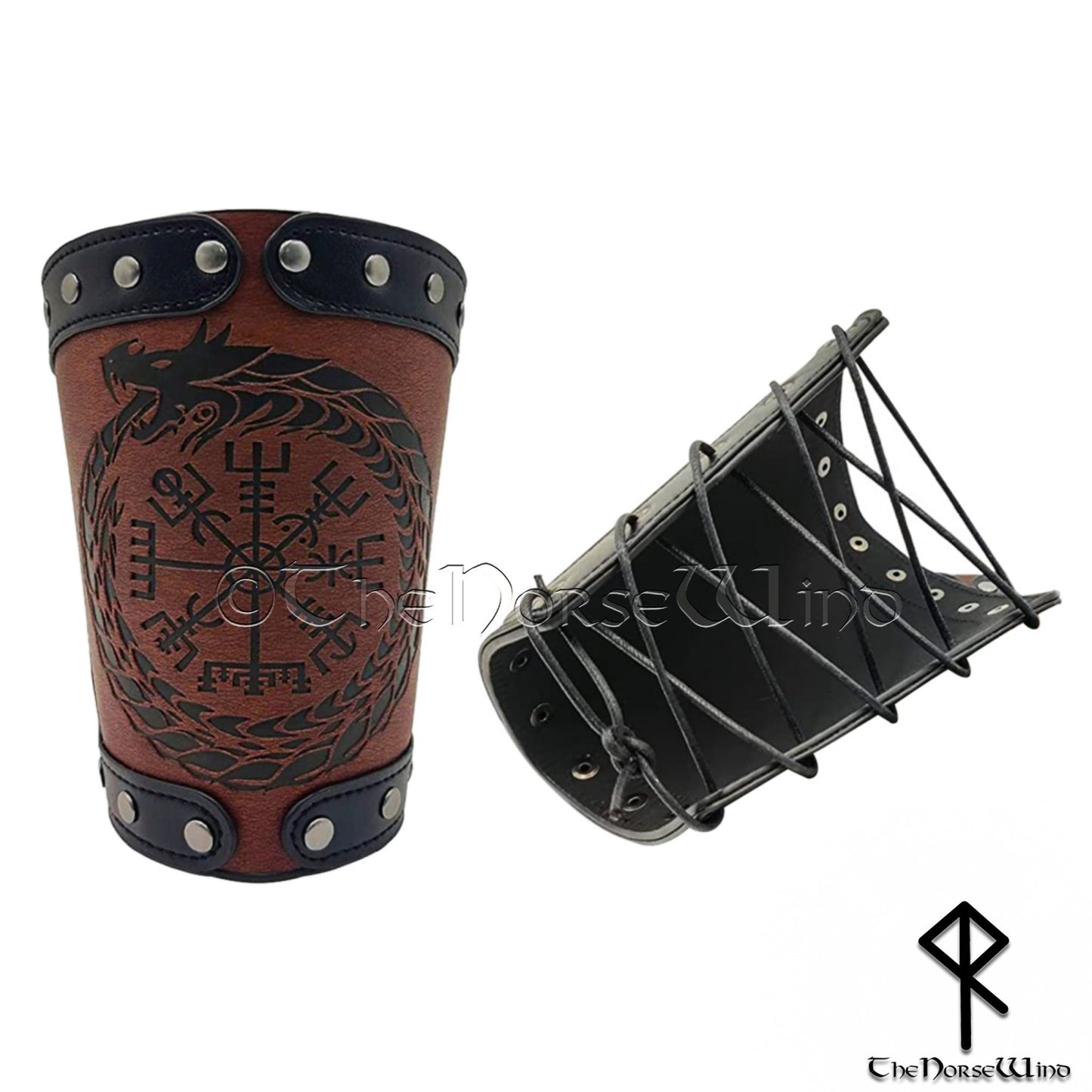 Vegvisir Viking Leather Bracers, Midgard Serpent Arm Guards - The Norse Wind