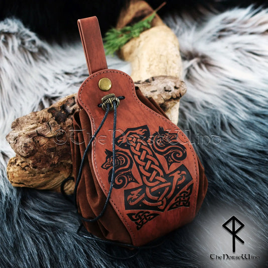 Fenrir Wolf & Mjolnir Viking Leather Belt Pouch Bag - The Norse Wind