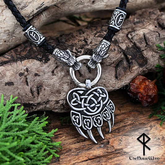 Viking Bear Paw Necklace – Custom Berserker Pendant with Wolf Heads & Runes