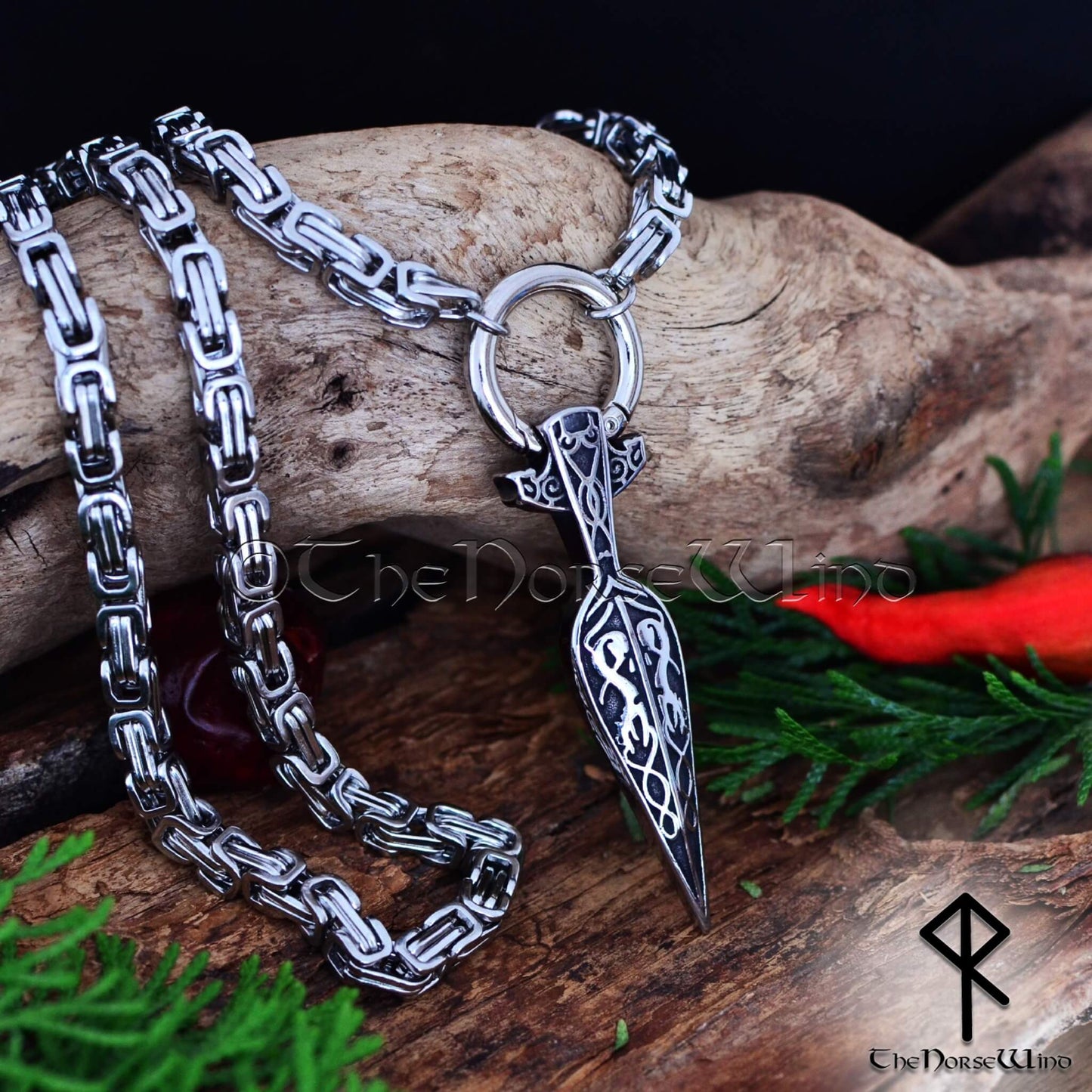 Gungnir Viking Necklace - Solid Odin's Spear Pendant with Byzantine Chain - The Norse Wind