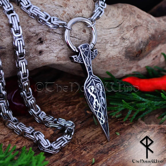 Gungnir Viking Necklace - Solid Odin's Spear Pendant with Byzantine Chain - The Norse Wind