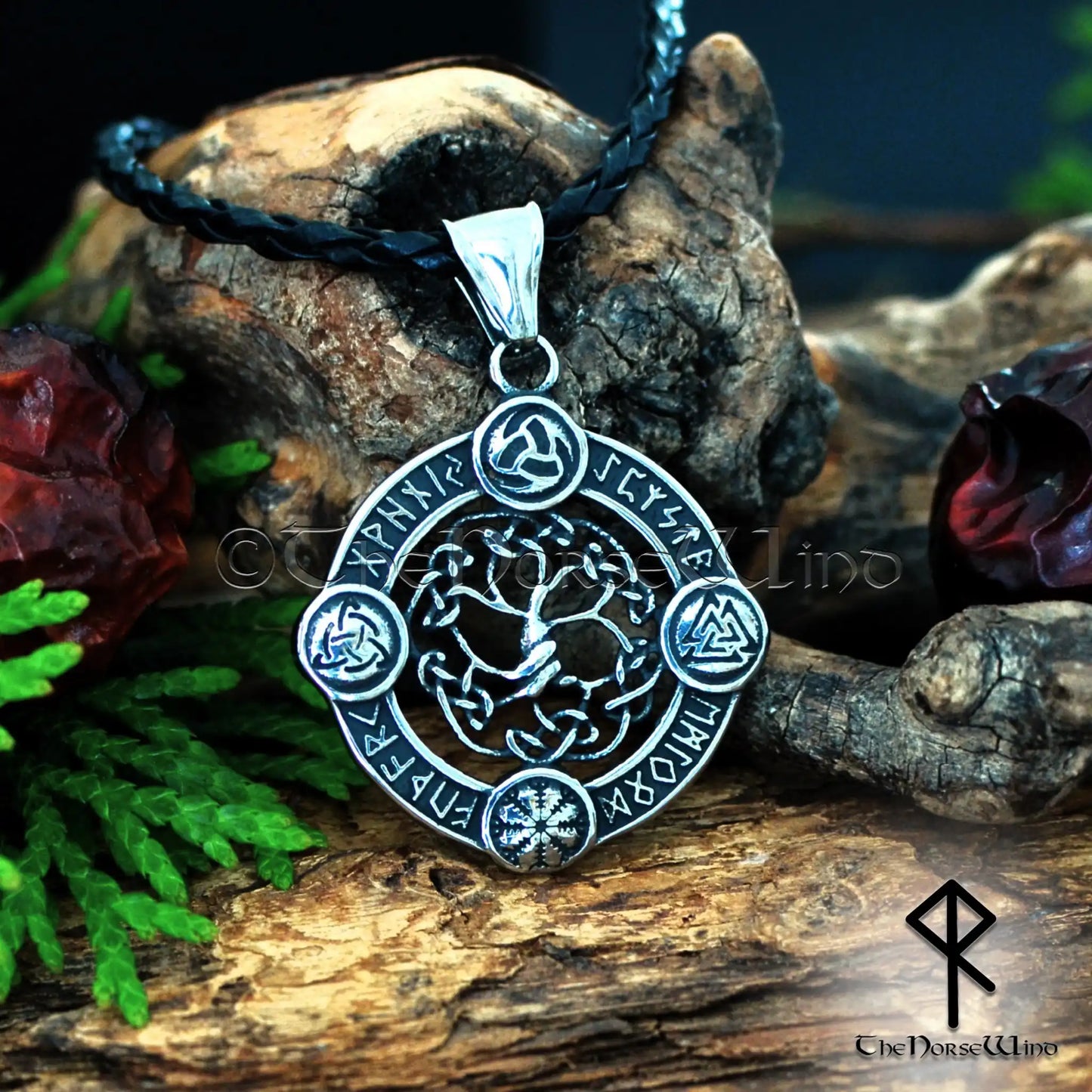 Viking Yggdrasil Necklace – Celtic Tree of Life Pendant with Engraved Futhark Runes & Norse Symbols (Odin's Horns, Helm of Awe, Valknut, Triquetra) – Hypoallergenic 316L Stainless Steel