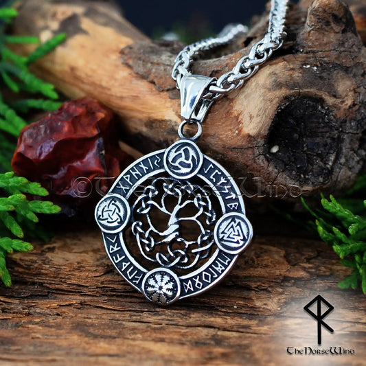Viking Yggdrasil Necklace – Celtic Tree of Life Pendant with Engraved Futhark Runes & Norse Symbols (Odin's Horns, Helm of Awe, Valknut, Triquetra) – Hypoallergenic 316L Stainless Steel