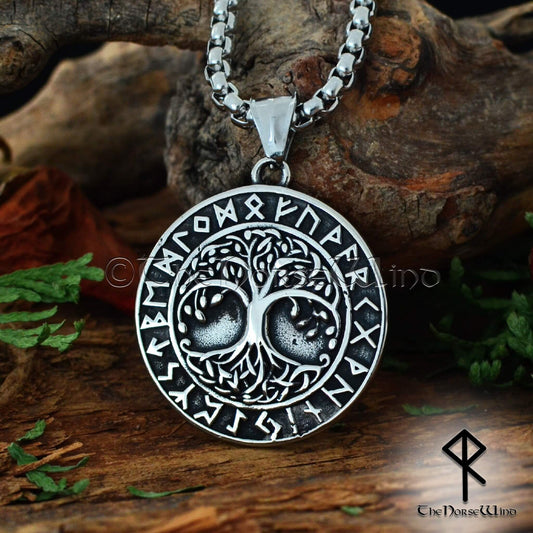 Yggdrasil Viking Necklace, Norse Runes Pendant, Stainless Steel - The Norse Wind