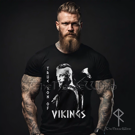 Viking T-Shirt, True Son of Vikings Ragnar Lothbrok Axe Tee, Black Biker TShirt