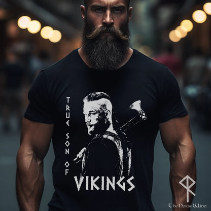 Viking T-Shirt, True Son of Vikings Ragnar Lothbrok Axe Tee, Black Biker TShirt