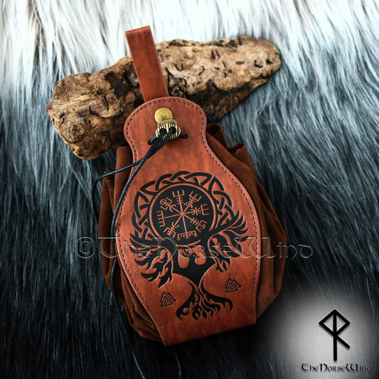 Vegvisir & Raven Viking Leather Belt Pouch Bag - The Norse Wind